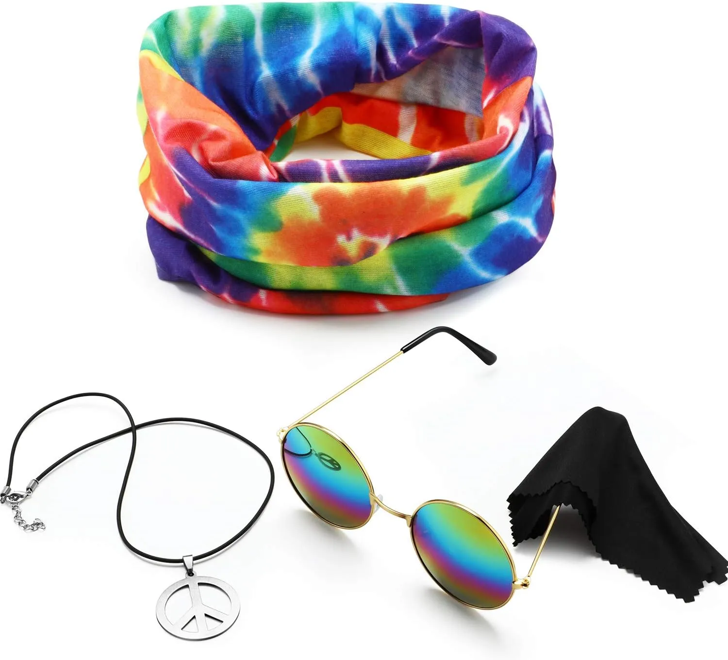 Norme 3 Hippie Costume Set Peace Sign Necklace, Tie Dye Hippie Headband, Sunglasses for Men Women 60s 70s 80s Dressing