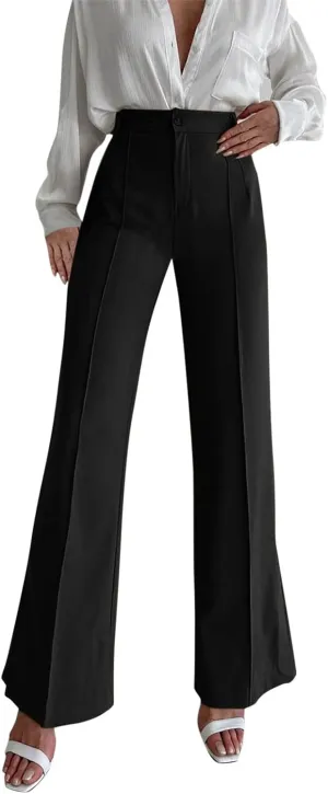 Office Flare Pants for Women Classic Formal Solid Ribbed Wide Leg High Waist Trousers Fashion Curvy Work Dressy Bootcut Pants