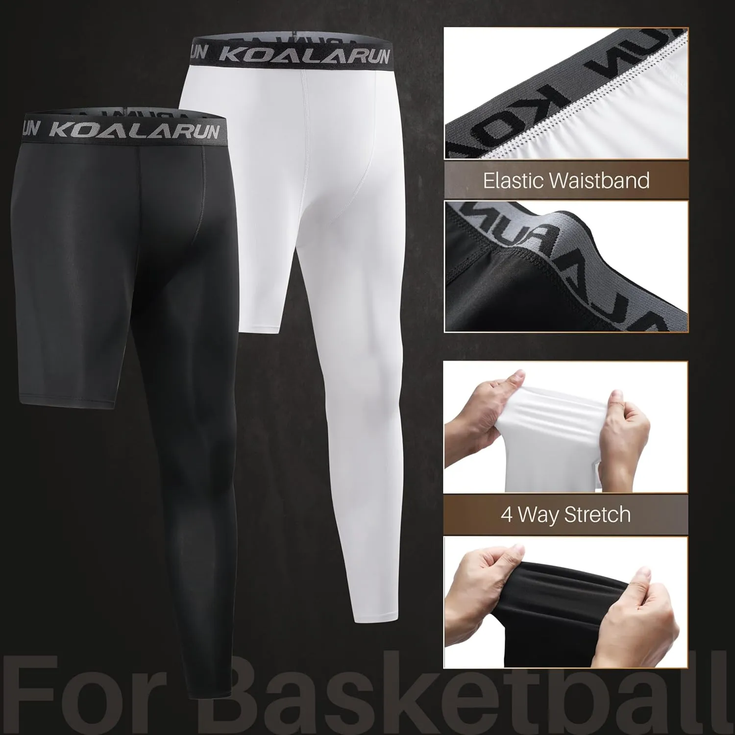 One Leg Compression Tights Full Length for Basketball Single Leg Long Pants Sports Base Layer Leggings 1-2 Pack