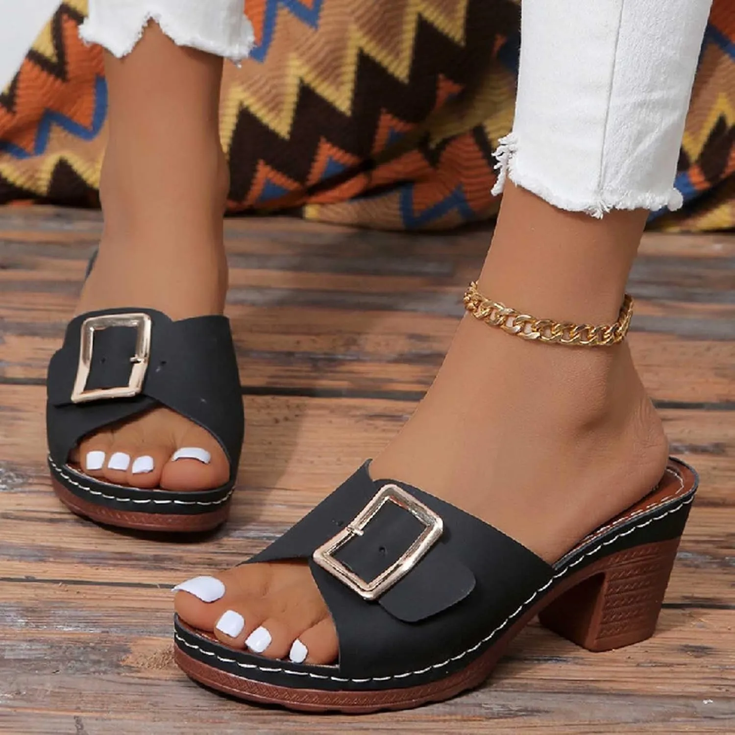 Open Toe Slippers for Women Fashion Slide Sandals Slip on Comfortable Mules Block Low Heel Metal Chain Dressy Summer Shoes