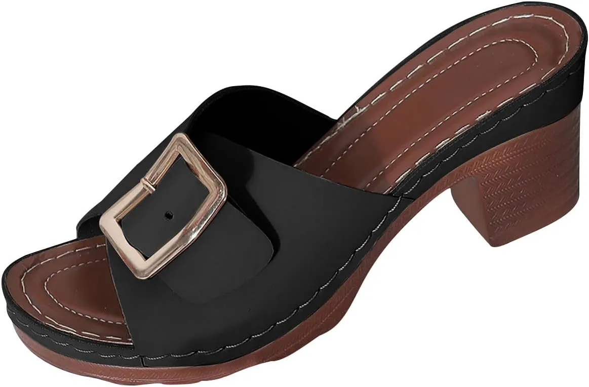 Open Toe Slippers for Women Fashion Slide Sandals Slip on Comfortable Mules Block Low Heel Metal Chain Dressy Summer Shoes