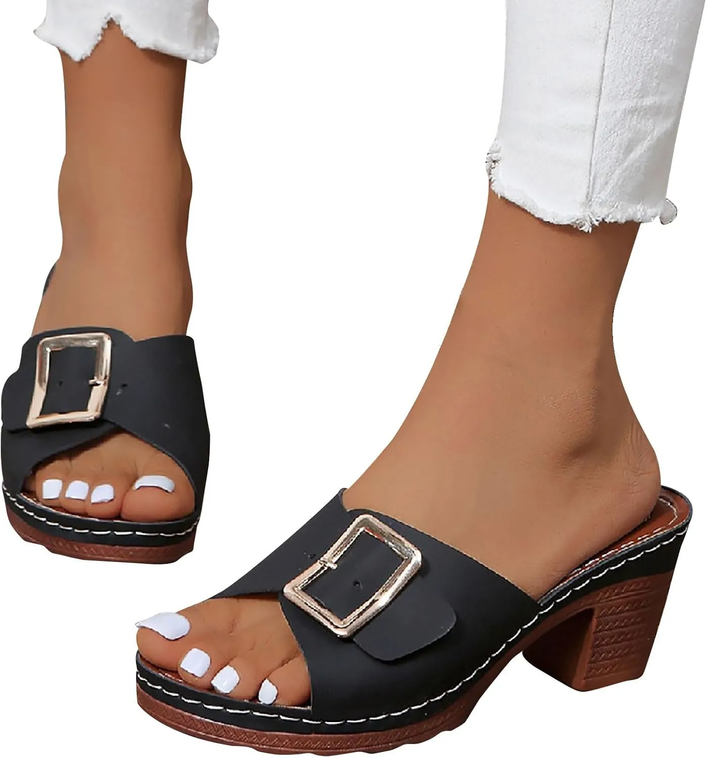 Open Toe Slippers for Women Fashion Slide Sandals Slip on Comfortable Mules Block Low Heel Metal Chain Dressy Summer Shoes