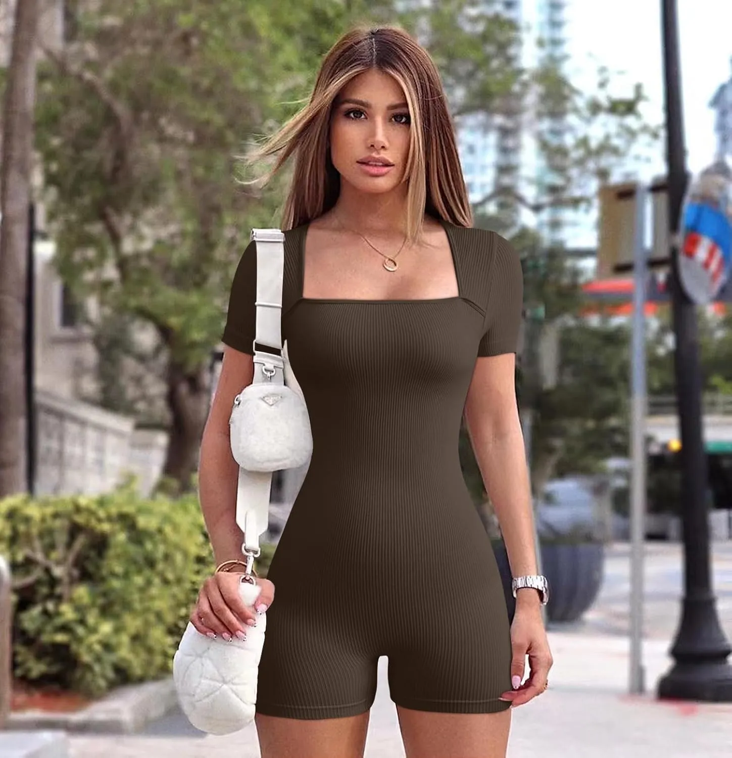 OQQ Women Short Sleeve Rompers Yoga Stretch Square Neck Exercise Rompers