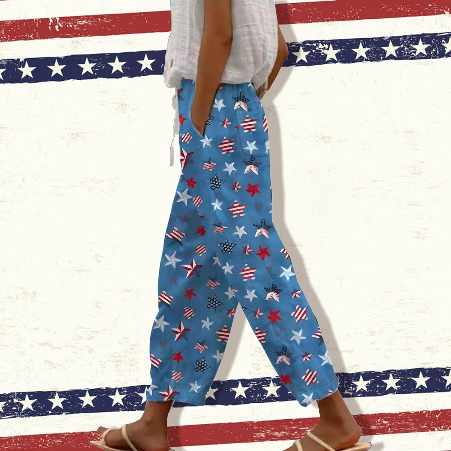 Palazzo Linen Pants Neck Short Sleeve Independence Day American Flag Print Family Print Pants Capri Pants 2025 Pants