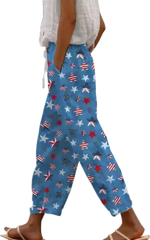 Palazzo Linen Pants Neck Short Sleeve Independence Day American Flag Print Family Print Pants Capri Pants 2025 Pants