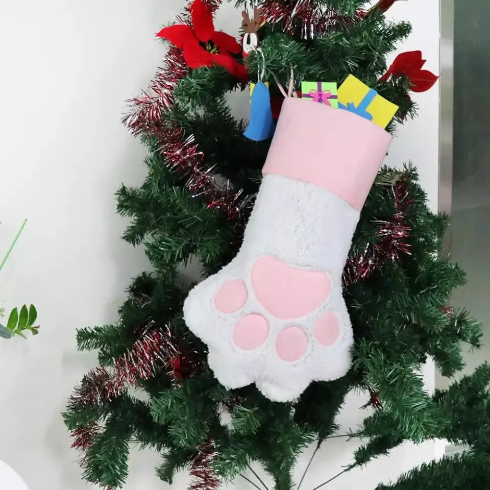 Paw Print Stocking in White and Pink