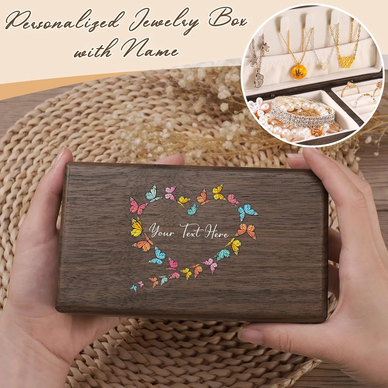 Personalized Jewelry Box for Women, Rustic Wooden Jewelry Box, Custom Jewelry Box with Birth Flower & Name, Mother's Day Gift for Mother, Wedding Gift for Bridesmaids (Butterfly)