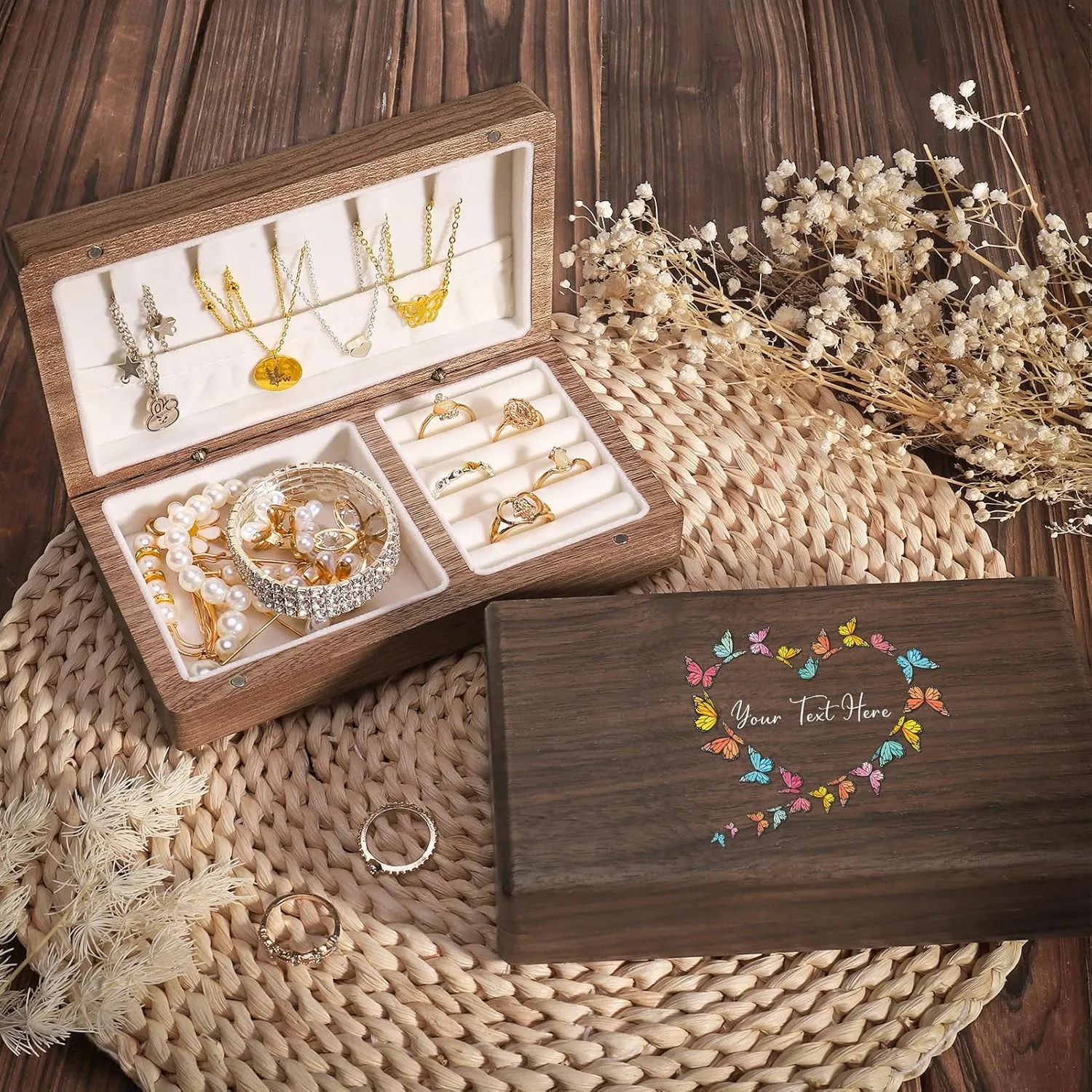 Personalized Jewelry Box for Women, Rustic Wooden Jewelry Box, Custom Jewelry Box with Birth Flower & Name, Mother's Day Gift for Mother, Wedding Gift for Bridesmaids (Butterfly)