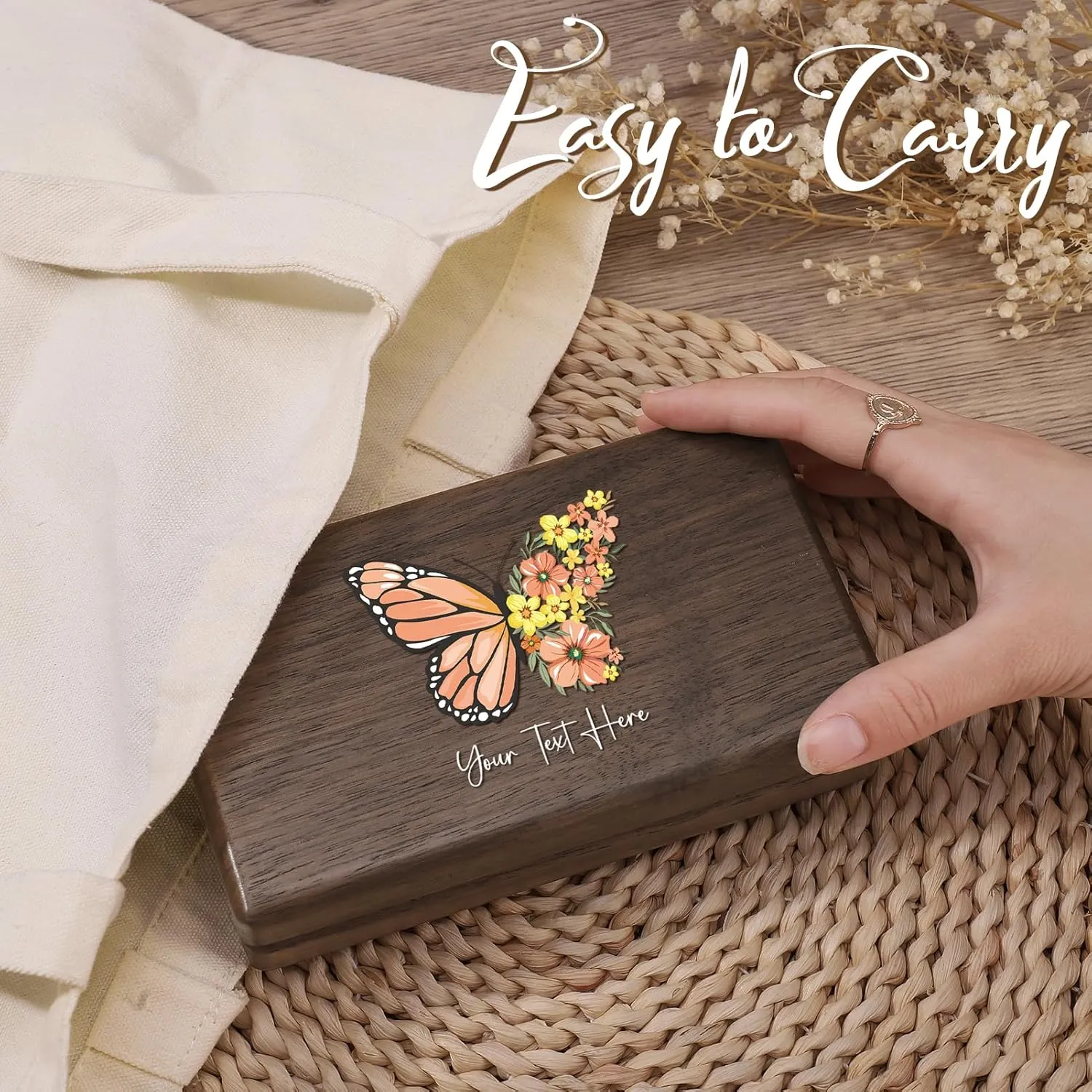Personalized Jewelry Box for Women, Rustic Wooden Jewelry Box, Custom Jewelry Box with Birth Flower & Name, Mother's Day Gift for Mother, Wedding Gift for Bridesmaids (Butterfly)