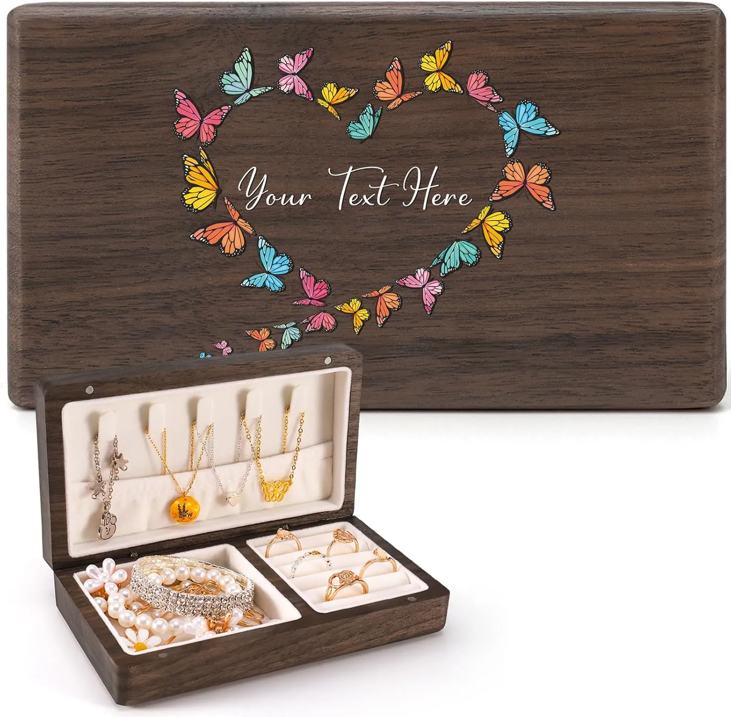 Personalized Jewelry Box for Women, Rustic Wooden Jewelry Box, Custom Jewelry Box with Birth Flower & Name, Mother's Day Gift for Mother, Wedding Gift for Bridesmaids (Butterfly)