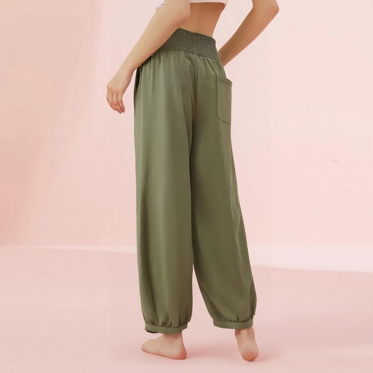 Petite Linen Pants for Women Wide Leg High Waisted Summer Palazzo Pants Lounge Loose Lightweight Flowy Beach Trousers
