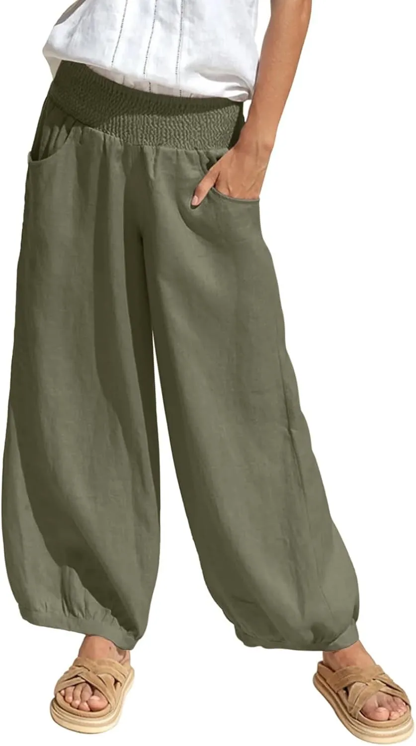 Petite Linen Pants for Women Wide Leg High Waisted Summer Palazzo Pants Lounge Loose Lightweight Flowy Beach Trousers