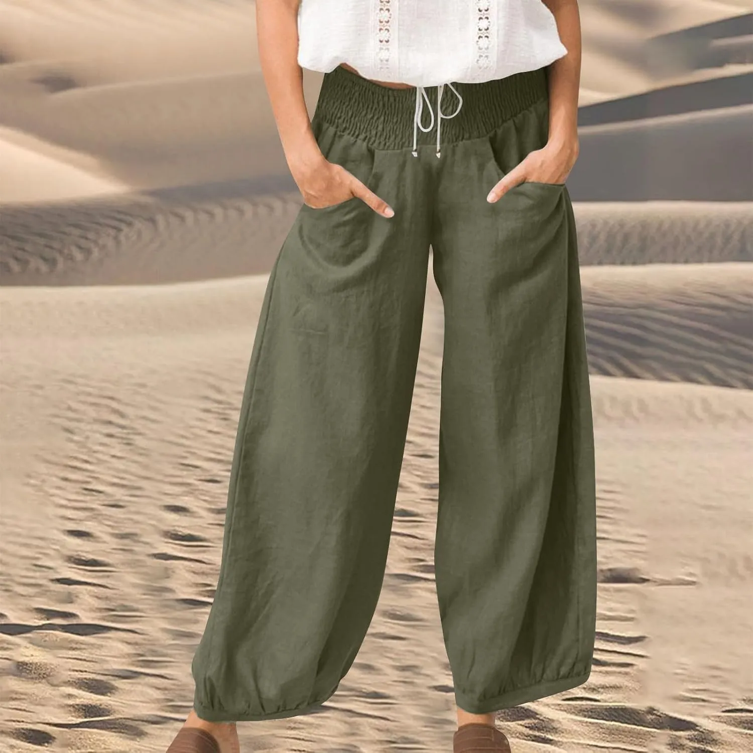 Petite Linen Pants for Women Wide Leg High Waisted Summer Palazzo Pants Lounge Loose Lightweight Flowy Beach Trousers