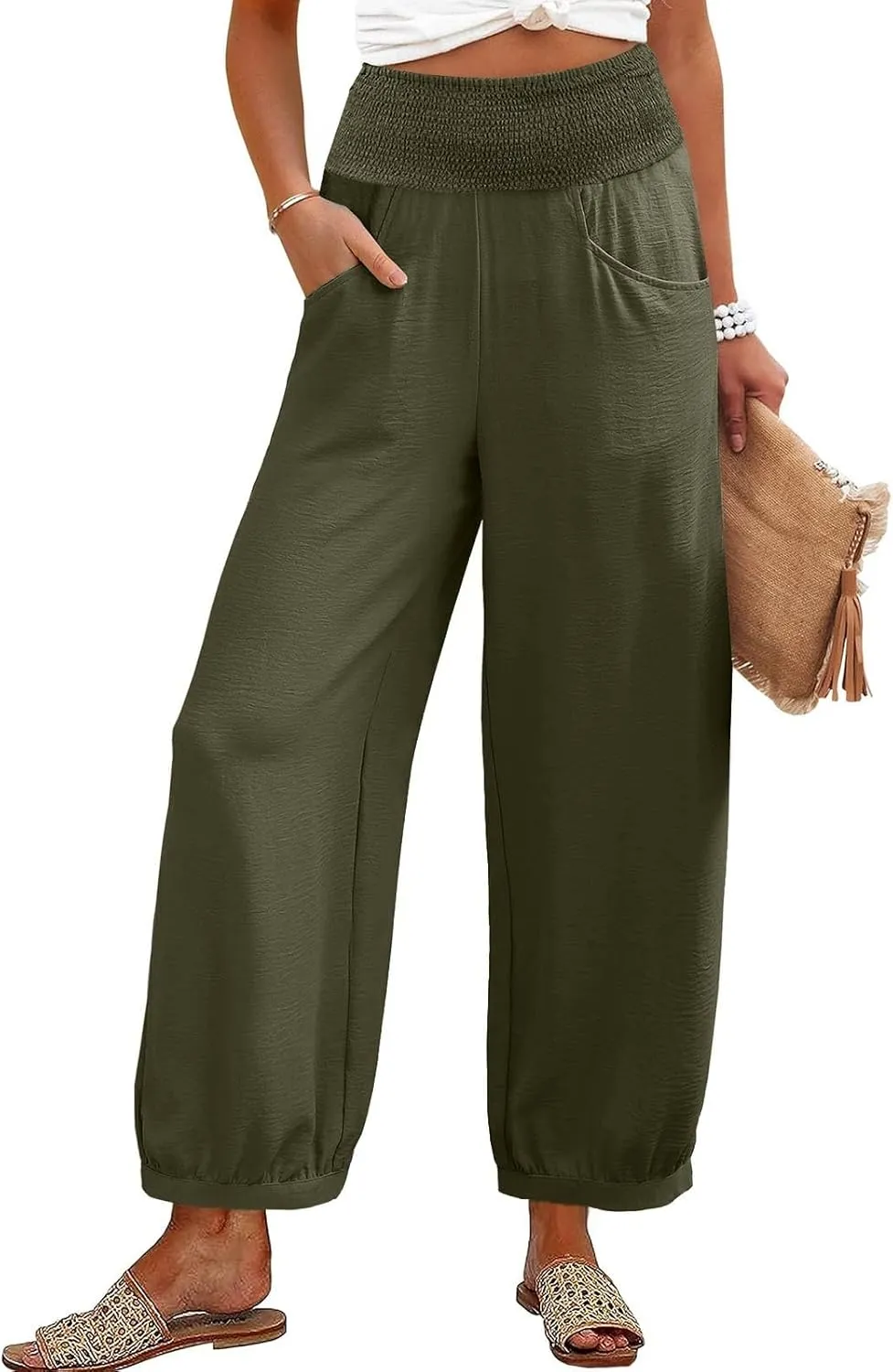 Petite Linen Pants for Women Wide Leg High Waisted Summer Palazzo Pants Lounge Loose Lightweight Flowy Beach Trousers