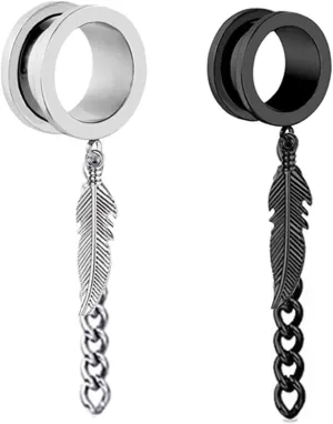Piercing Jewelry 2Pieces Body Piercing Jewelry Stainless Steel 2G Body Piercing Jewelry for Men 6-25mm Round with Chain and Leaf Tunnels Stretching Kit Silver Black