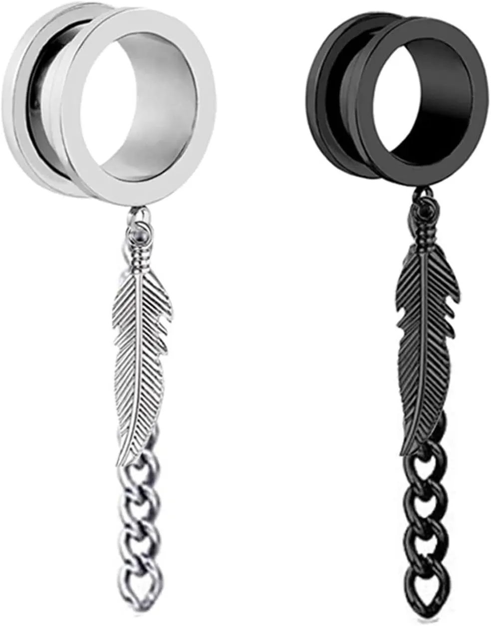 Piercing Jewelry 2Pieces Body Piercing Jewelry Stainless Steel 2G Body Piercing Jewelry for Men 6-25mm Round with Chain and Leaf Tunnels Stretching Kit Silver Black