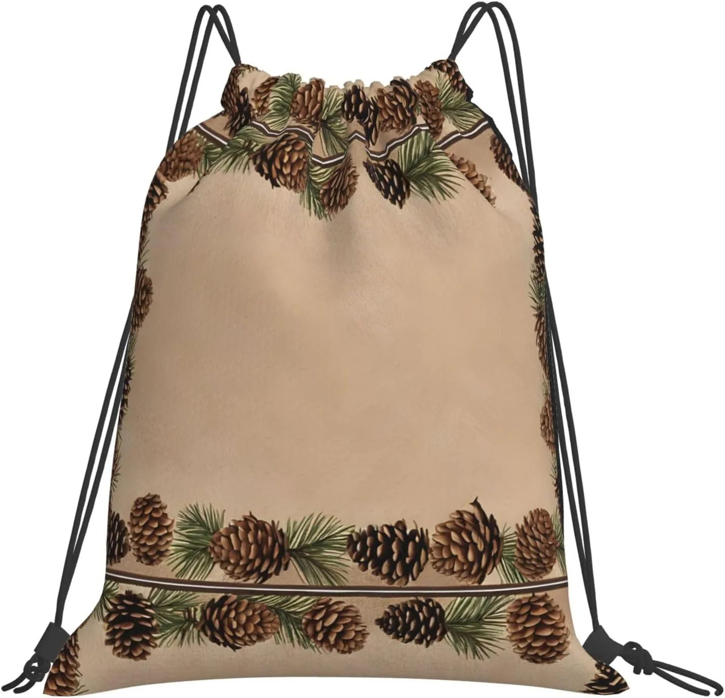 (Pine Cone Border) Drawstring Backpack Drawstring Gym Bag Foldable Water Drawstring Bags Draw String Back Bag For Shopping Sport Yoga Travel, Swimming, Beach