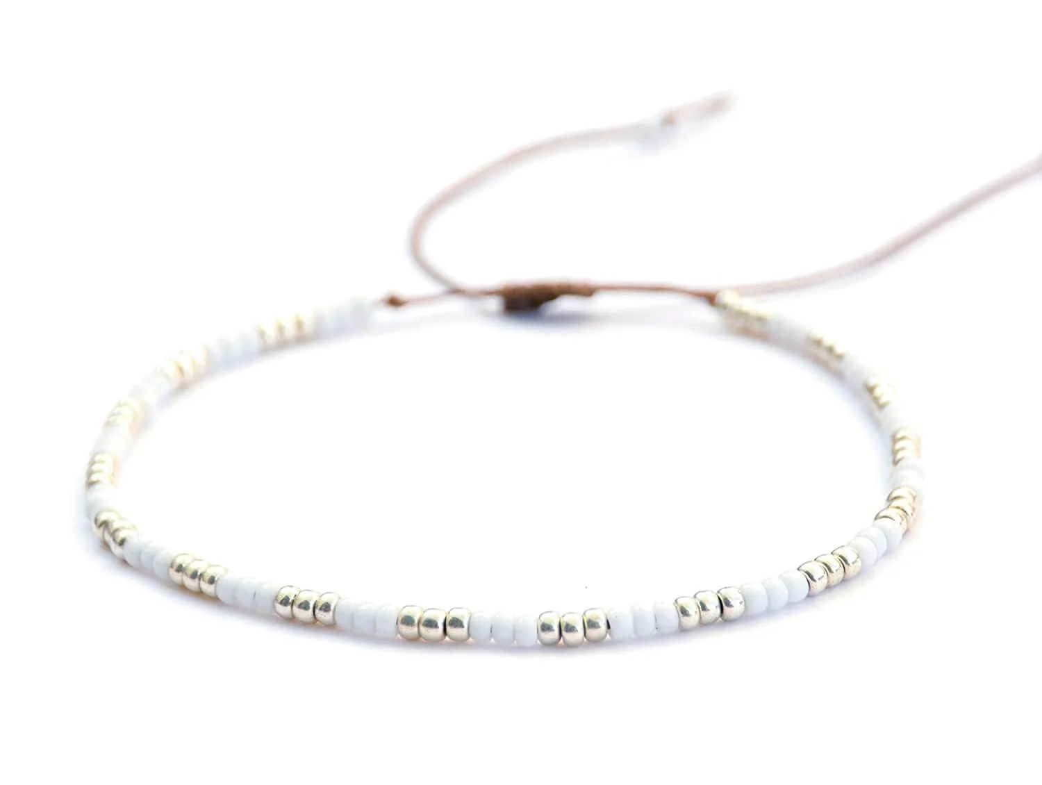 Plus Size Anklet for Women, White & Silver Large Adjustable Beaded String Ankle Bracelet, Unique Boho Bohemian Hippie Style Waterproof Anklet, 10 inches, 11 inches, Handmade by Tribes
