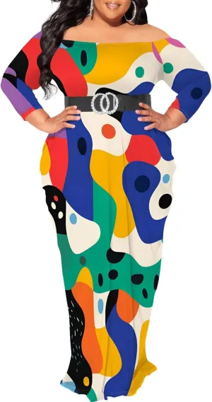 Plus Size Dresses for Curvy Women Sexy Off Shoulder Fall Dress Colorful Stripe Print Club Party Cocktail Fishtail Maxi Dress
