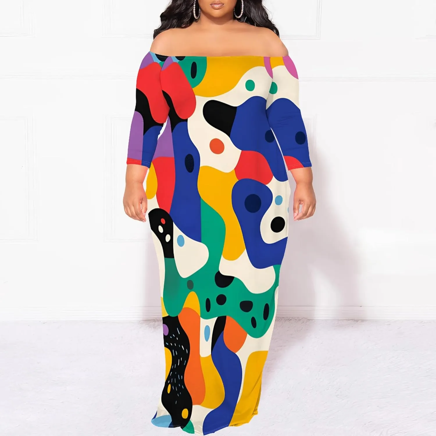 Plus Size Dresses for Curvy Women Sexy Off Shoulder Fall Dress Colorful Stripe Print Club Party Cocktail Fishtail Maxi Dress