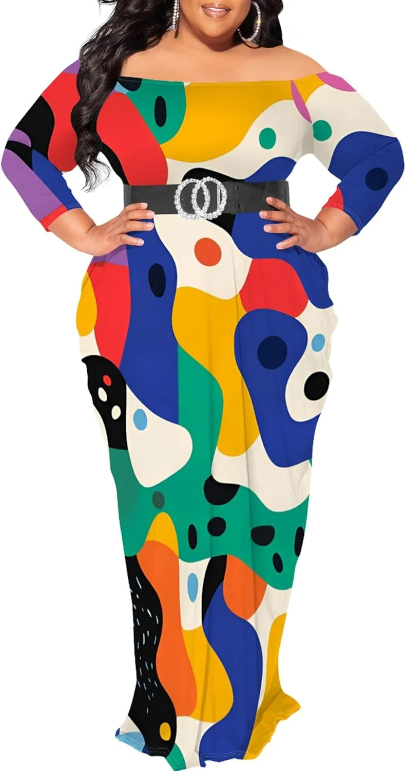 Plus Size Dresses for Curvy Women Sexy Off Shoulder Fall Dress Colorful Stripe Print Club Party Cocktail Fishtail Maxi Dress