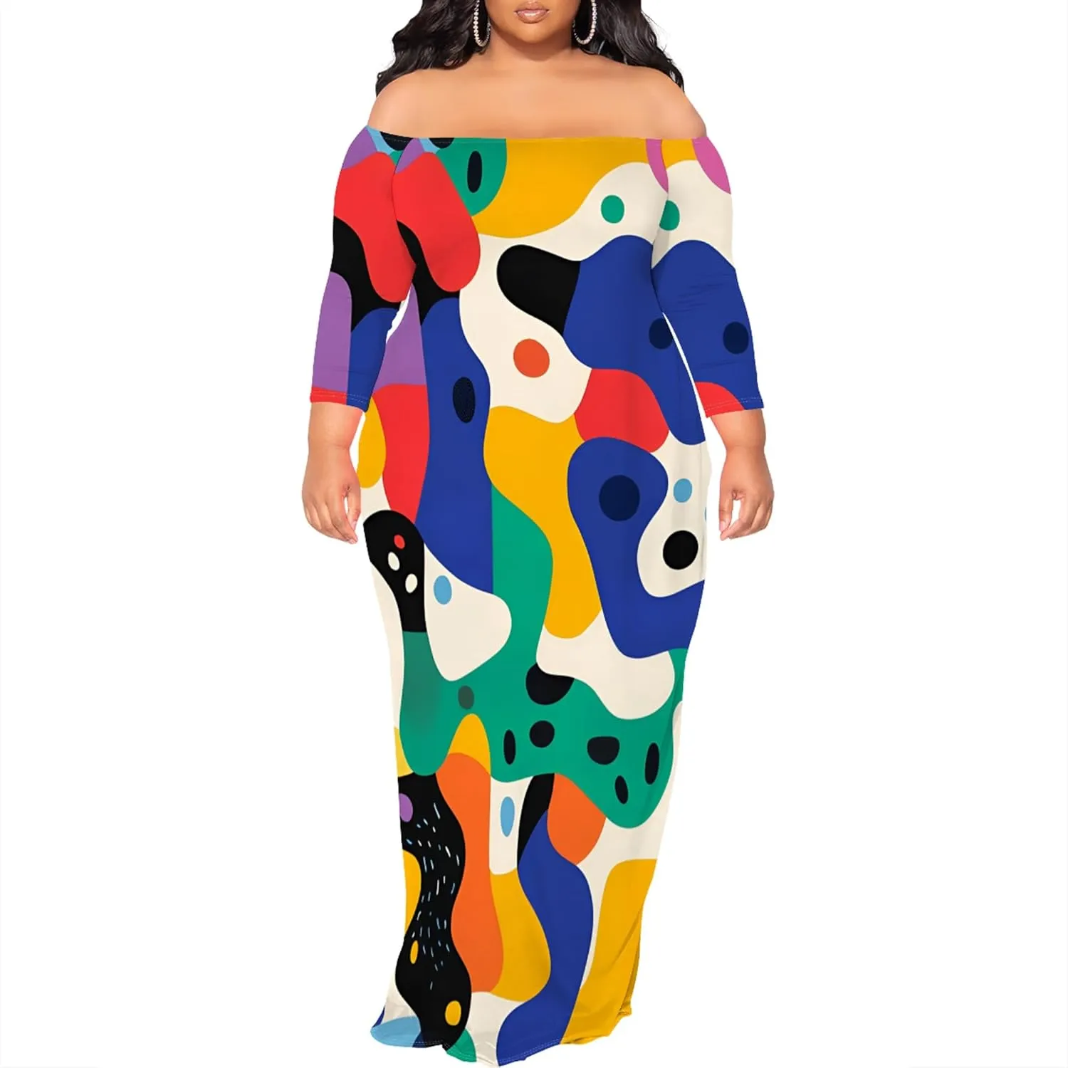 Plus Size Dresses for Curvy Women Sexy Off Shoulder Fall Dress Colorful Stripe Print Club Party Cocktail Fishtail Maxi Dress