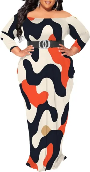 Plus Size Dresses for Curvy Women Sexy Off Shoulder Fall Dress Colorful Stripe Print Club Party Cocktail Fishtail Maxi Dress