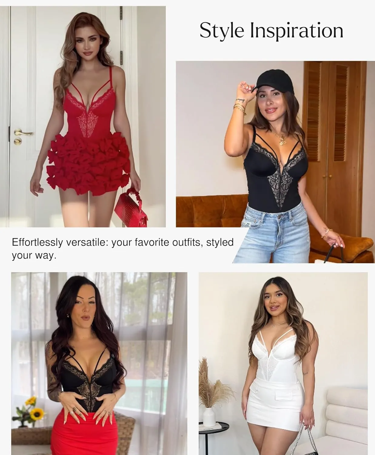 Popilush Lace Bodysuits for Women - V Neck Tummy Control Shapewear with Underwire Bra Side Zipper - Club Outfits