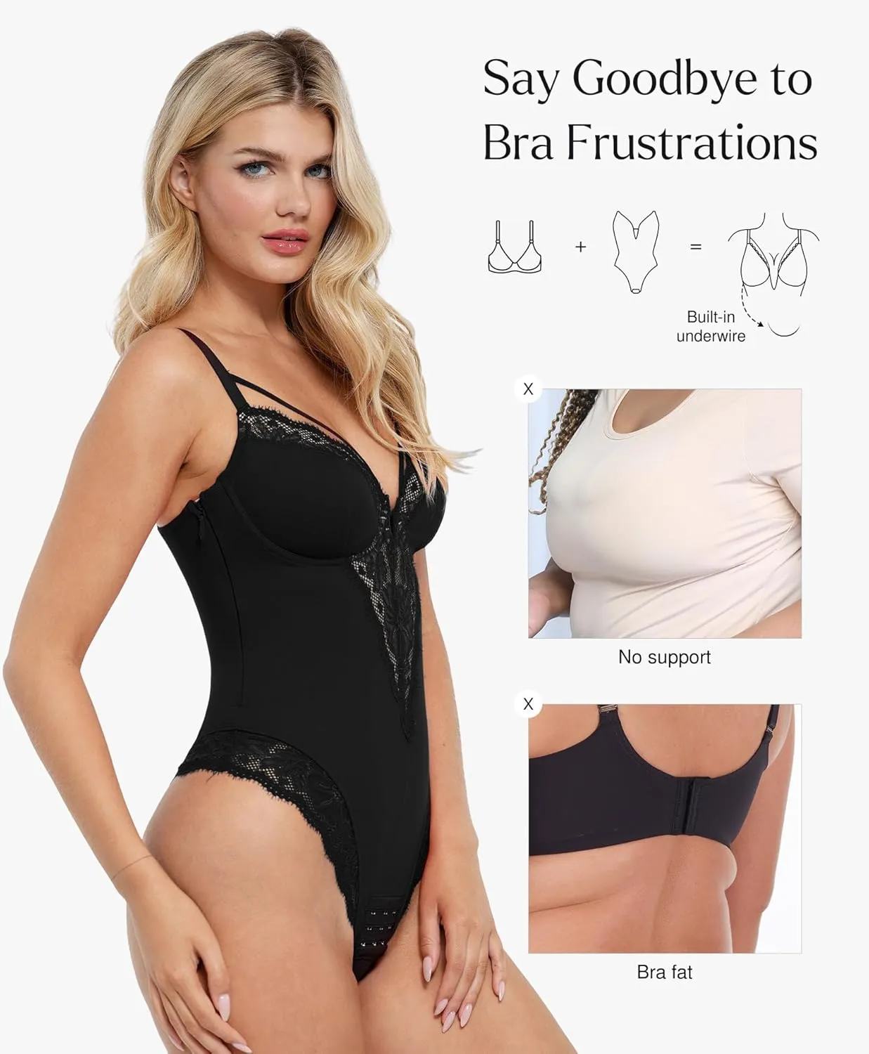 Popilush Lace Bodysuits for Women - V Neck Tummy Control Shapewear with Underwire Bra Side Zipper - Club Outfits