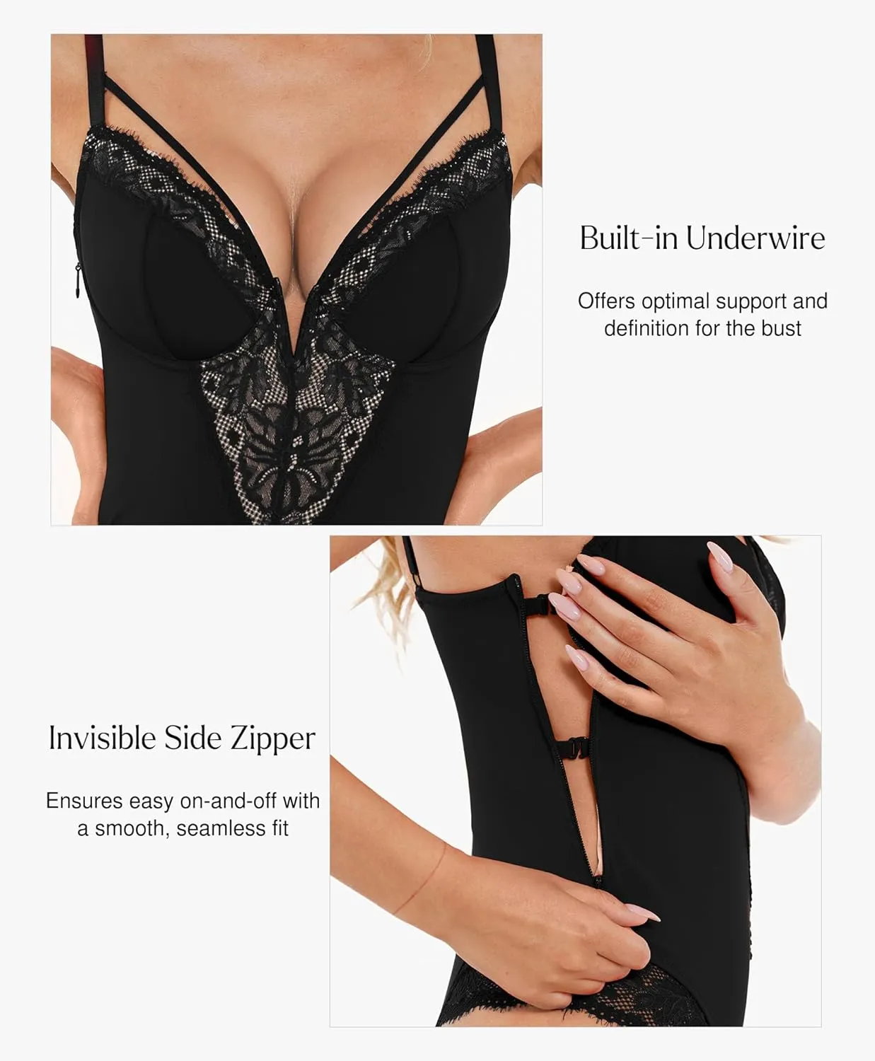 Popilush Lace Bodysuits for Women - V Neck Tummy Control Shapewear with Underwire Bra Side Zipper - Club Outfits