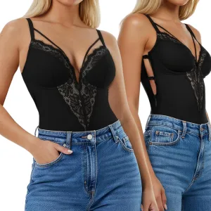 Popilush Lace Bodysuits for Women - V Neck Tummy Control Shapewear with Underwire Bra Side Zipper - Club Outfits