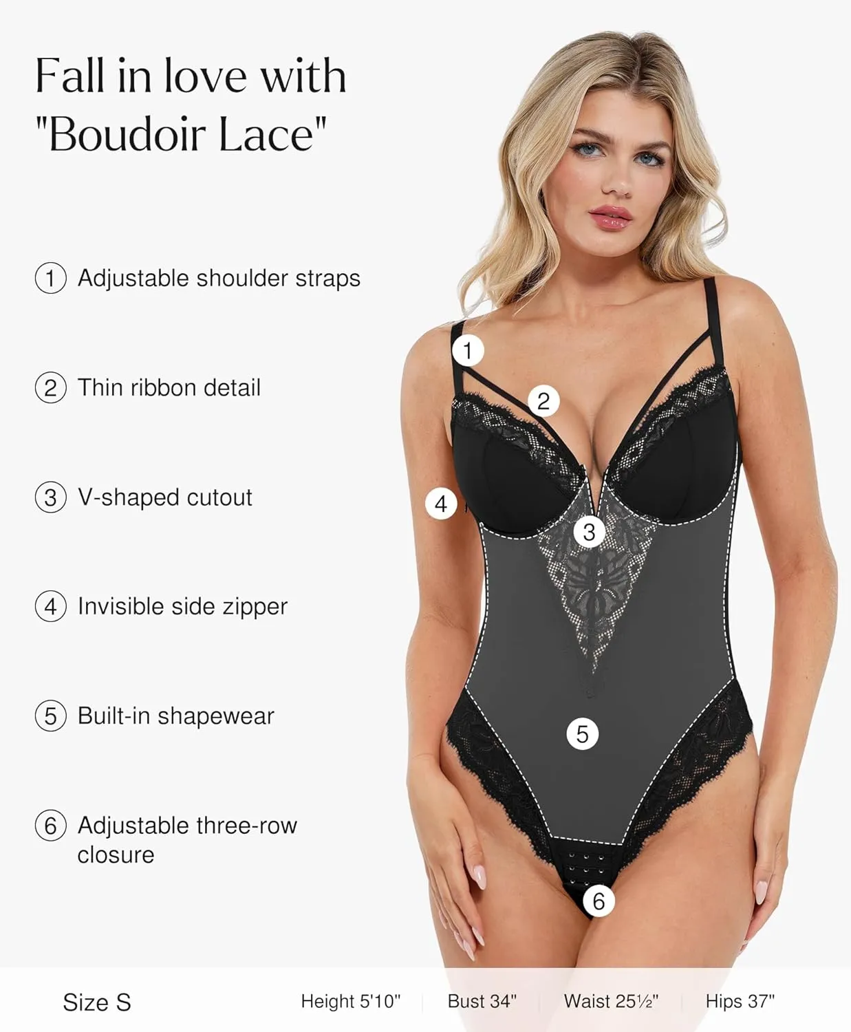 Popilush Lace Bodysuits for Women - V Neck Tummy Control Shapewear with Underwire Bra Side Zipper - Club Outfits