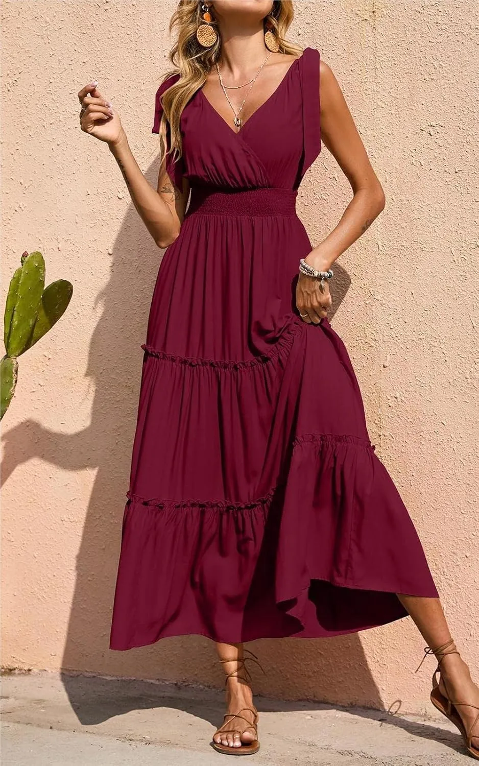 PRETTYGARDEN Women's Cross Neck Summer Sleeveless Tiered Maxi Dress Beach Tie Strap Smocked Long Dresses Pleated Sundress