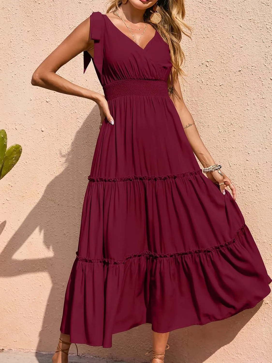 PRETTYGARDEN Women's Cross Neck Summer Sleeveless Tiered Maxi Dress Beach Tie Strap Smocked Long Dresses Pleated Sundress