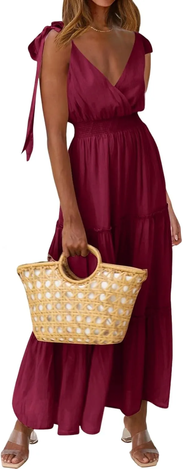 PRETTYGARDEN Women's Cross Neck Summer Sleeveless Tiered Maxi Dress Beach Tie Strap Smocked Long Dresses Pleated Sundress