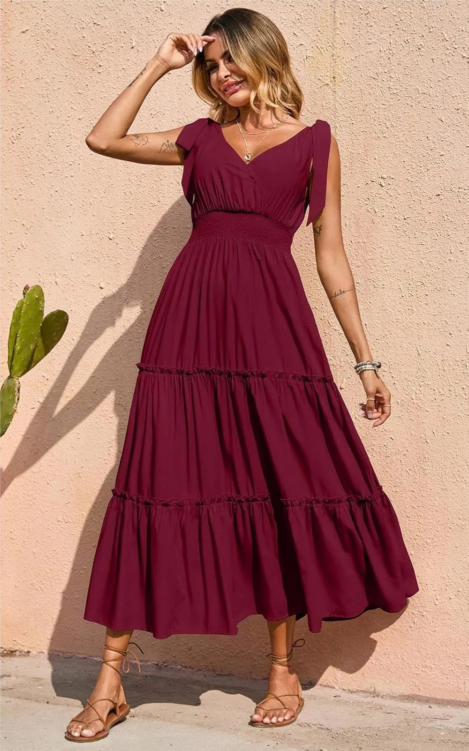 PRETTYGARDEN Women's Cross Neck Summer Sleeveless Tiered Maxi Dress Beach Tie Strap Smocked Long Dresses Pleated Sundress