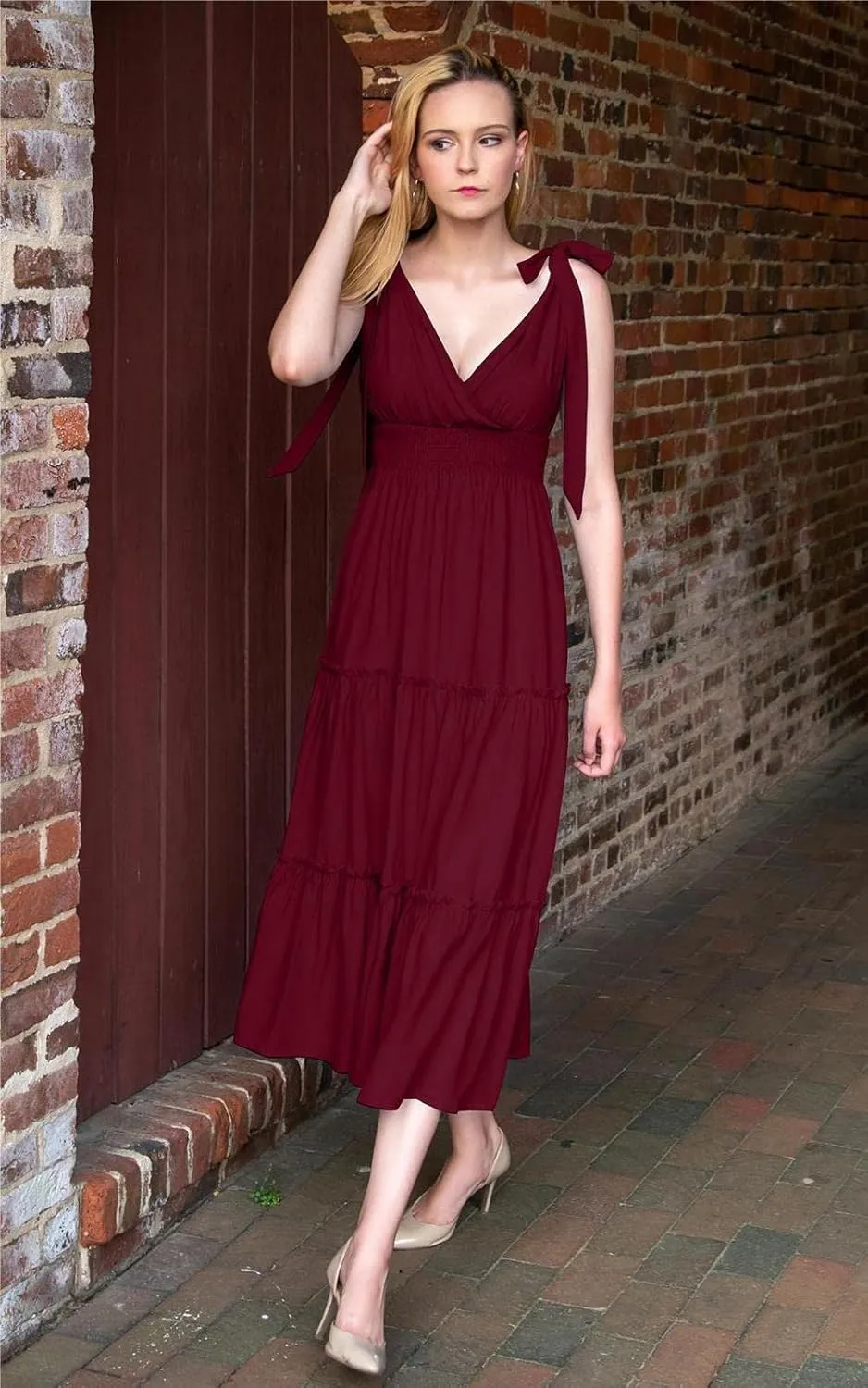 PRETTYGARDEN Women's Cross Neck Summer Sleeveless Tiered Maxi Dress Beach Tie Strap Smocked Long Dresses Pleated Sundress