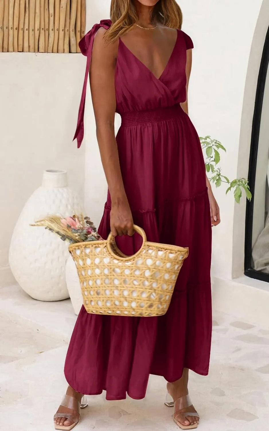 PRETTYGARDEN Women's Cross Neck Summer Sleeveless Tiered Maxi Dress Beach Tie Strap Smocked Long Dresses Pleated Sundress