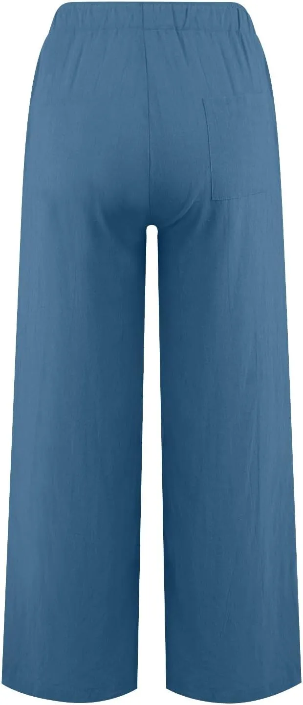 PTOLOCIF Cotton Linen Pants for Women Lightweight Cropped Wide Leg Pants Elastic Waist Casual Palazzo Trousers with Pockets