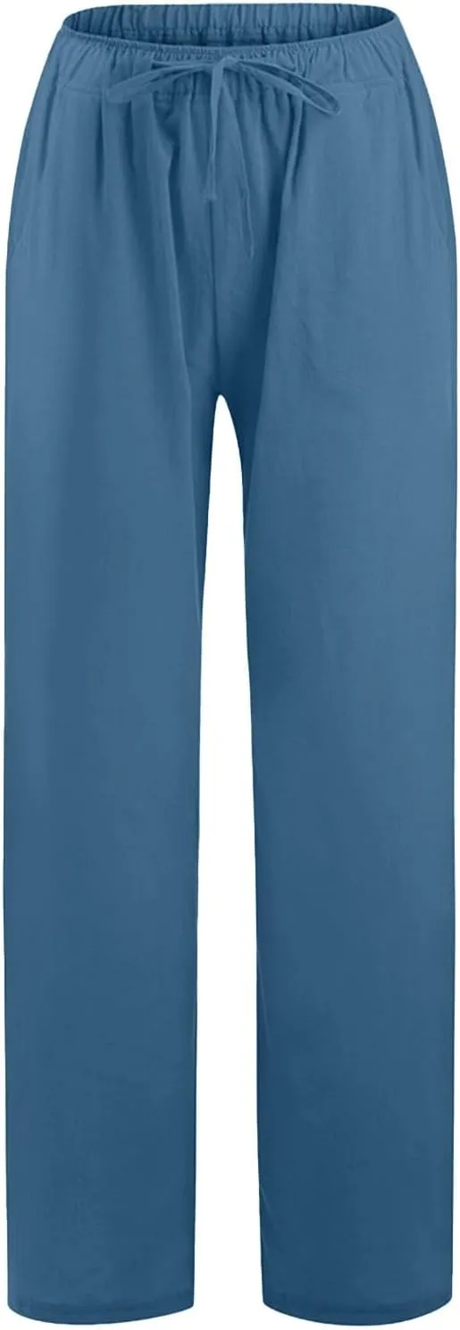 PTOLOCIF Cotton Linen Pants for Women Lightweight Cropped Wide Leg Pants Elastic Waist Casual Palazzo Trousers with Pockets