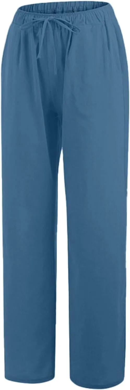 PTOLOCIF Cotton Linen Pants for Women Lightweight Cropped Wide Leg Pants Elastic Waist Casual Palazzo Trousers with Pockets