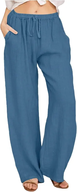 PTOLOCIF Cotton Linen Pants for Women Lightweight Cropped Wide Leg Pants Elastic Waist Casual Palazzo Trousers with Pockets