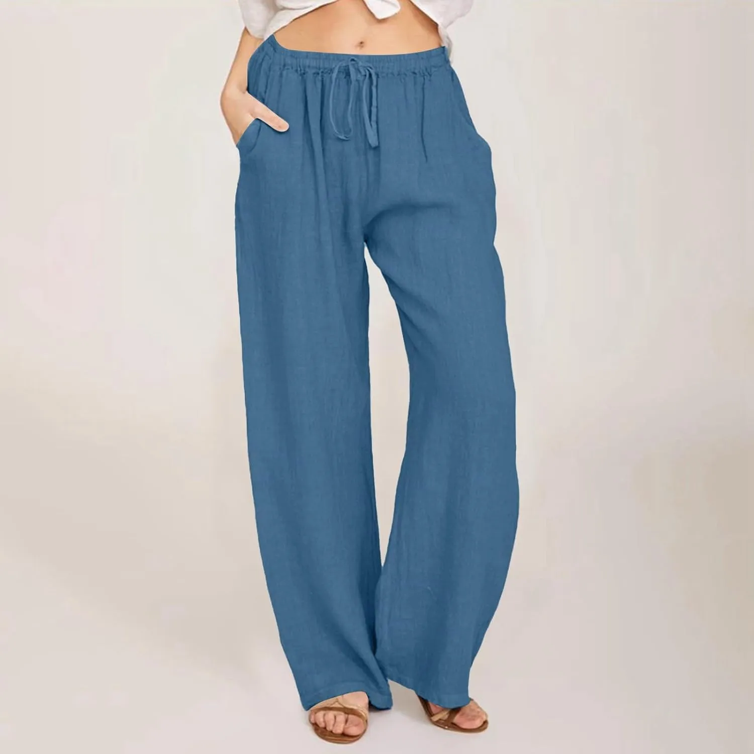 PTOLOCIF Cotton Linen Pants for Women Lightweight Cropped Wide Leg Pants Elastic Waist Casual Palazzo Trousers with Pockets