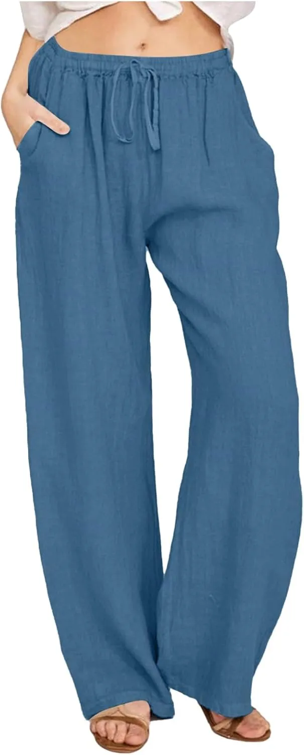 PTOLOCIF Cotton Linen Pants for Women Lightweight Cropped Wide Leg Pants Elastic Waist Casual Palazzo Trousers with Pockets