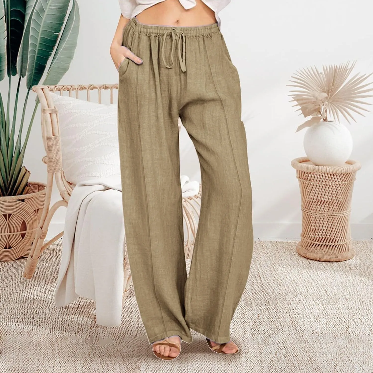 PTOLOCIF Cotton Linen Pants Women,Casual Fashion Boho Pants Plus Size Summer Pants Beach Vacation Palazzo Lounge Pants