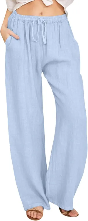PTOLOCIF Cotton Linen Pants Women,Casual Linen High Waist Pants Wide Leg Palazzo Pants Drawstring Loose Fit Summer Pants