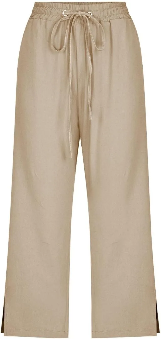 PTOLOCIF Cotton Pants for Women High Waisted Wide Leg Palazzo Pant Drawstring Casual Loose Pants Trousers with Pockets