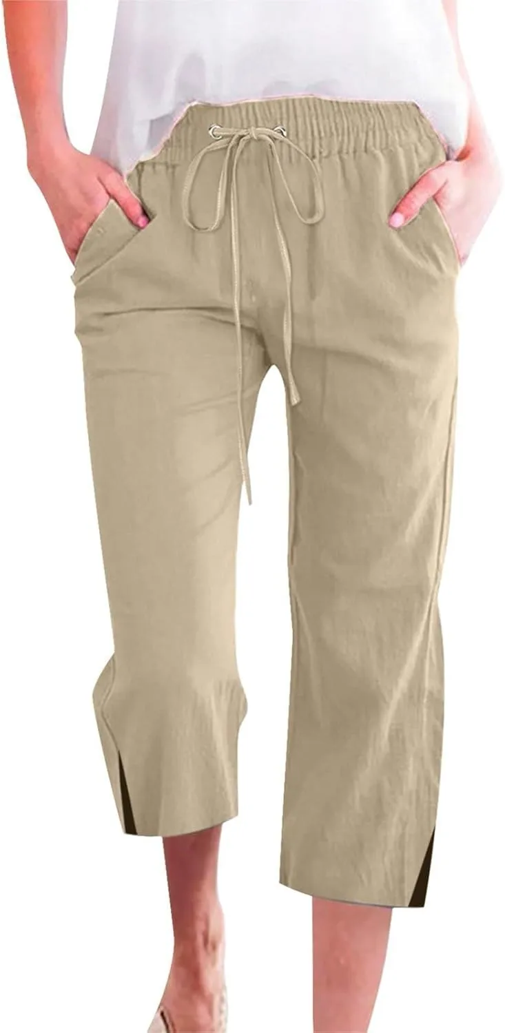 PTOLOCIF Cotton Pants for Women High Waisted Wide Leg Palazzo Pant Drawstring Casual Loose Pants Trousers with Pockets