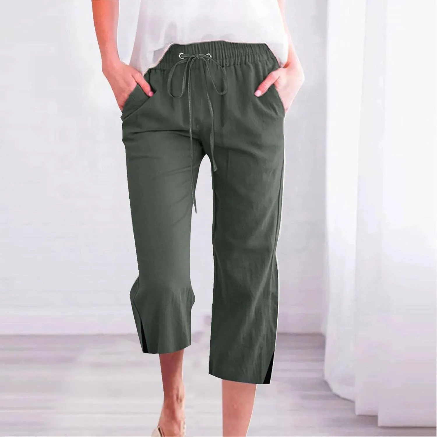 PTOLOCIF Cotton Pants for Women High Waisted Wide Leg Palazzo Pant Drawstring Casual Loose Pants Trousers with Pockets