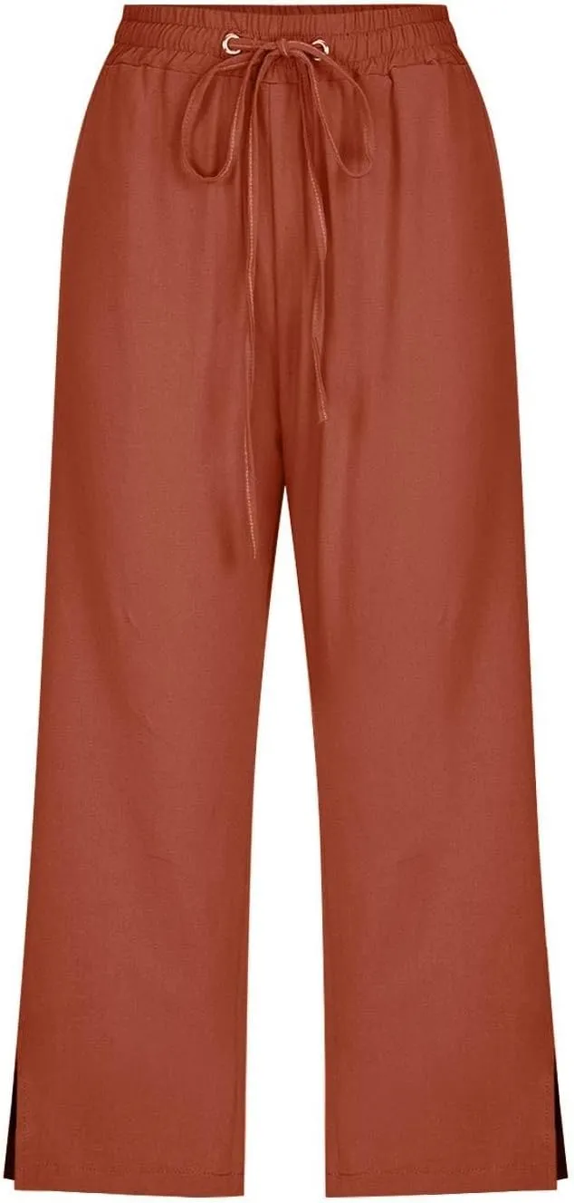 PTOLOCIF Cotton Pants for Women High Waisted Wide Leg Palazzo Pant Drawstring Casual Loose Pants Trousers with Pockets